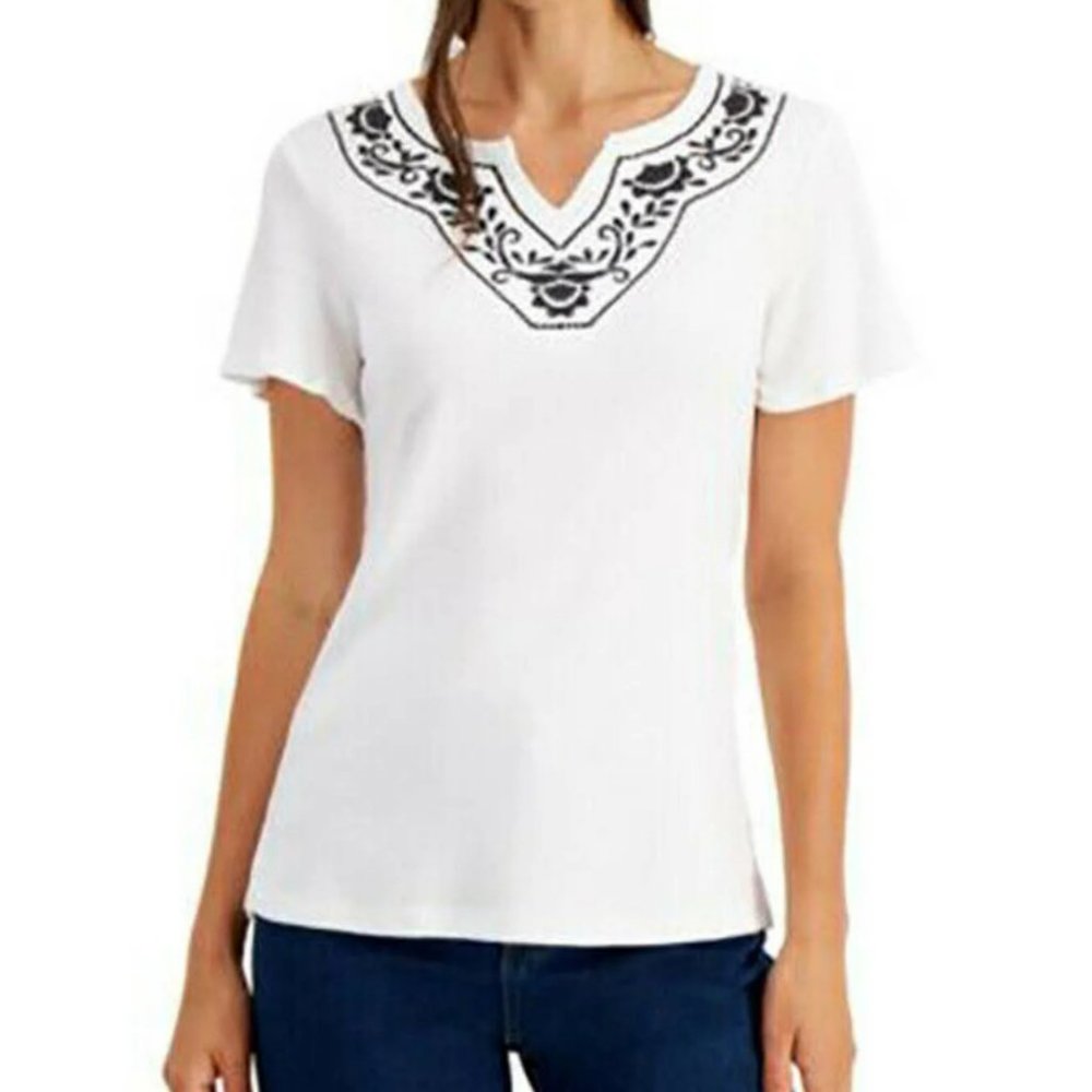 Karen Scott Petite Split-Neck Top Size PM